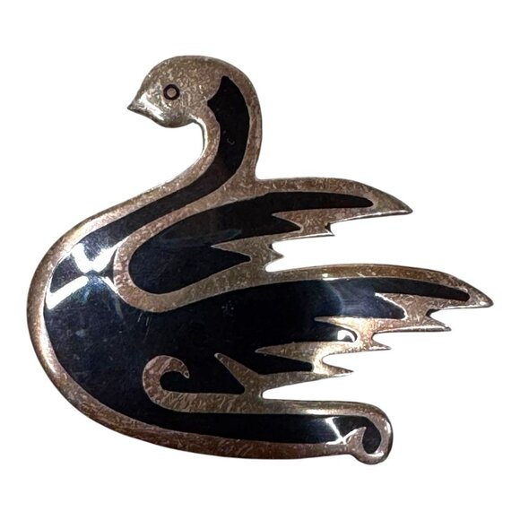 Vtg Mexican Sterling Silver Black Enamel Swan Brooch Taxco Swan Bird Art Deco - Picture 1 of 6